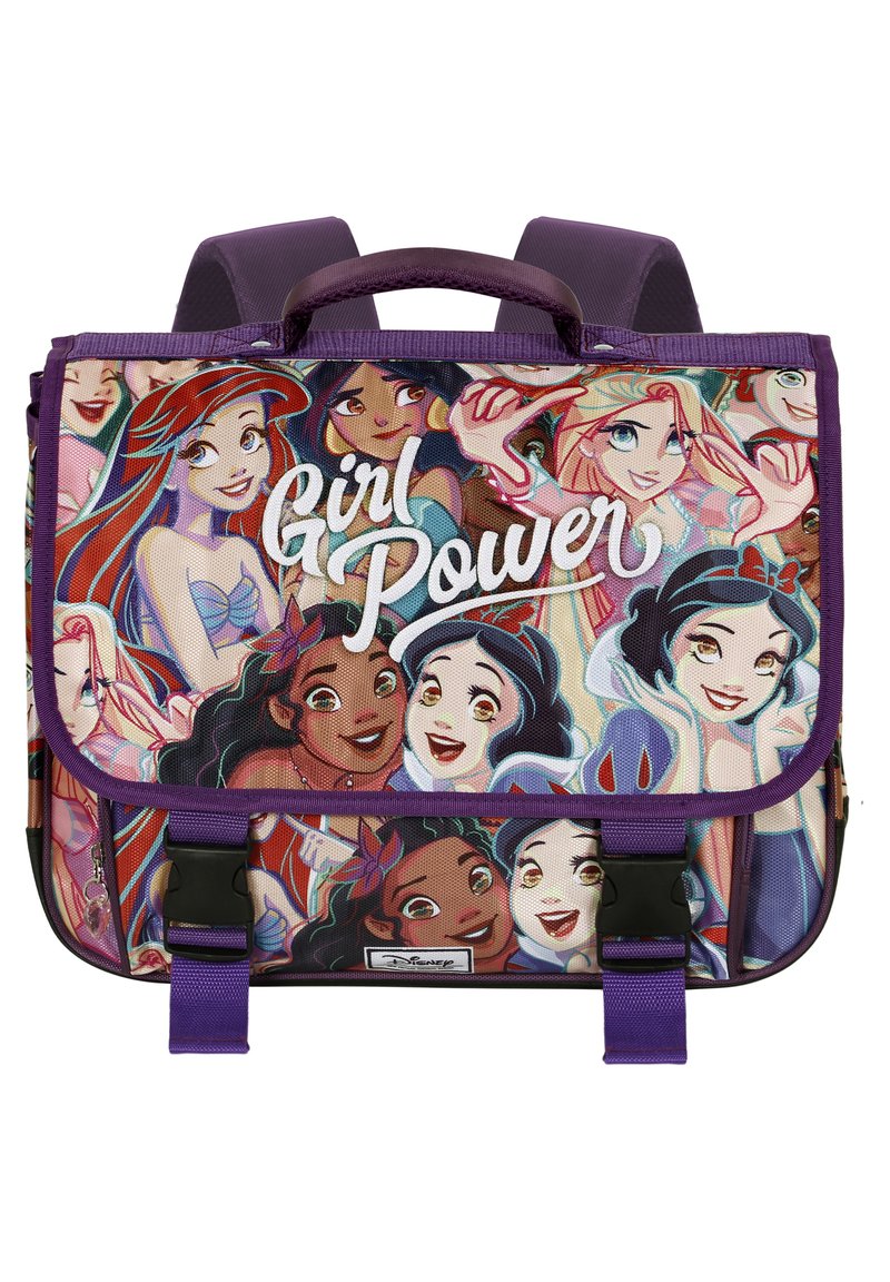 Sac à dos avec une poignée et des bretelles violettes, présentant des designs de personnages de dessin animé colorés et le texte "Girl Power" sur le rabat avant.