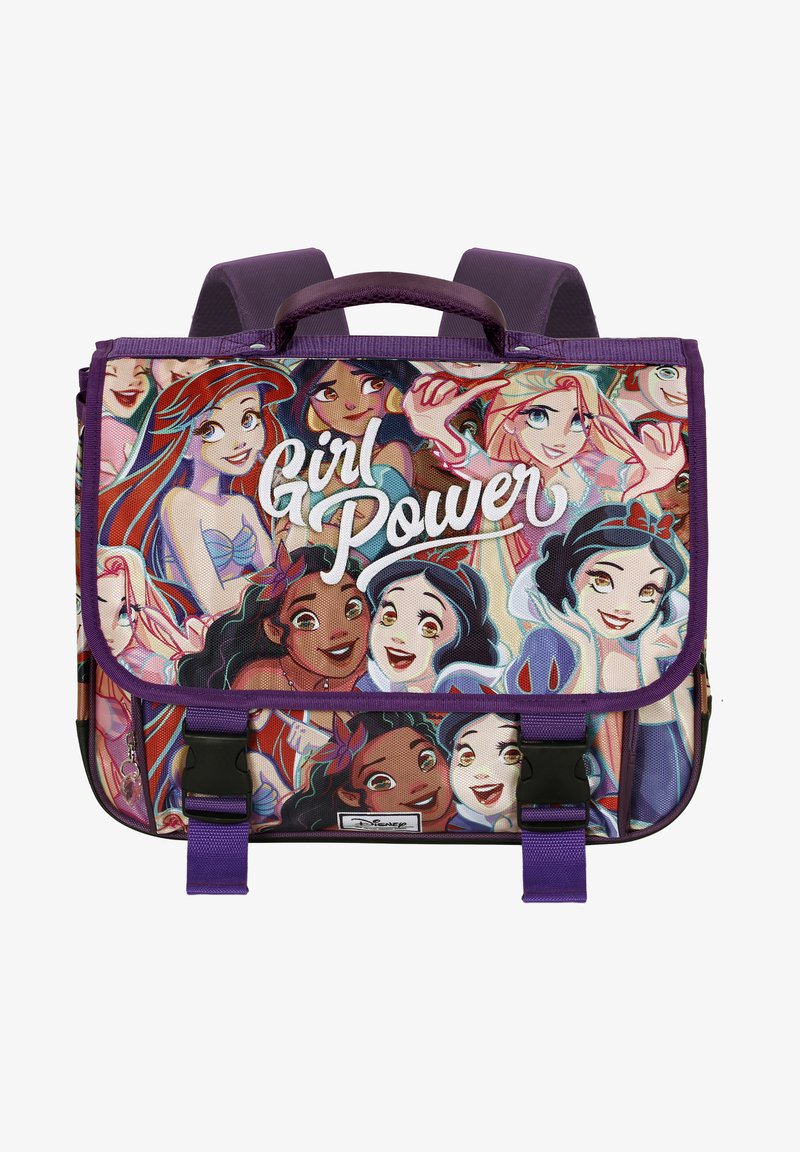Sac à dos avec une poignée et des bretelles violettes, présentant des designs de personnages de dessin animé colorés et le texte "Girl Power" sur le rabat avant.