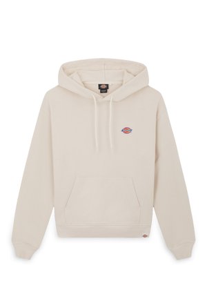Beiger Hoodie aus weichem Baumwollmix, mit einer Vordertasche, verstellbarem Kordelzug an der Kapuze und einem kleinen gestickten Logo auf der Brust.