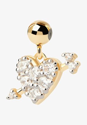 Guldfarvet hjerteformet ørestik med klare rhinsten, der har en pil-detalje og en poleret sfærisk stift foroven.