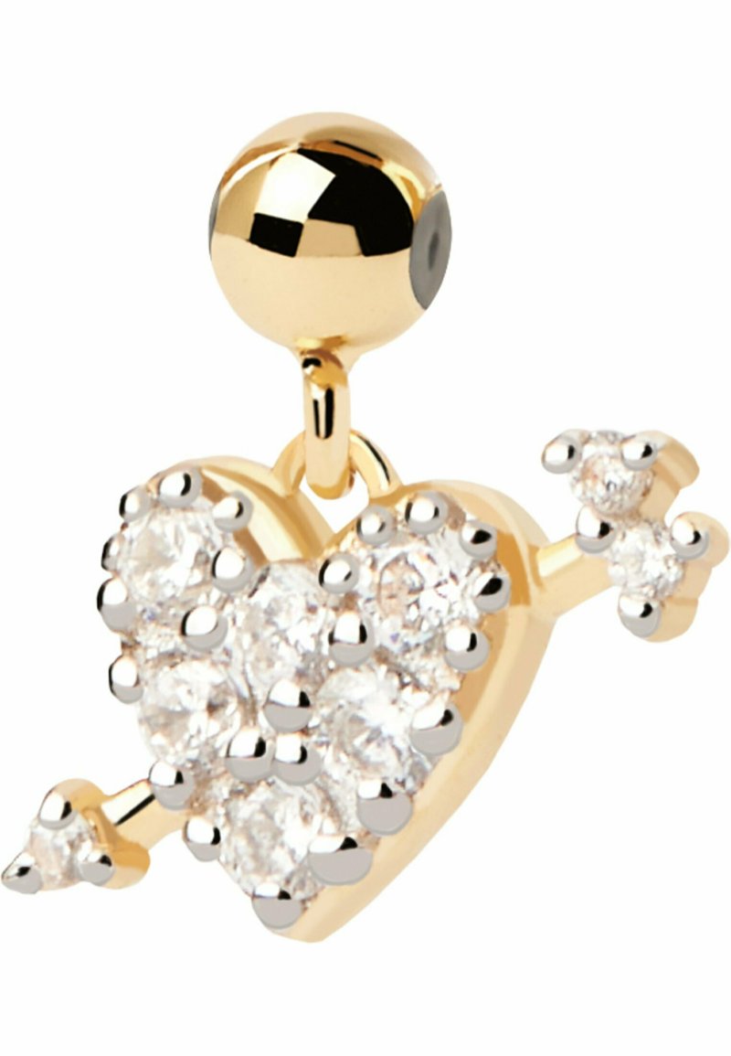 Charm per orecchini a forma di cuore dorato con rhinestone trasparenti, con un accento a forma di freccia e un post sferico lucido in cima.