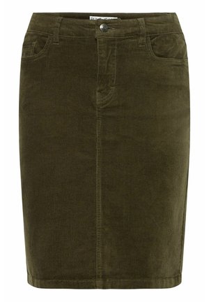 Jupe en velours côtel�é vert olive avec poches avant, fermeture à boutons visible, coupe droite et finition en tissu texturé.