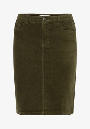 Olive zaļš korduroja svārku ar priekšējiem kabatām, redzamu pogu aizdari, taisnu piegriezumu un teksturētu auduma apdari.