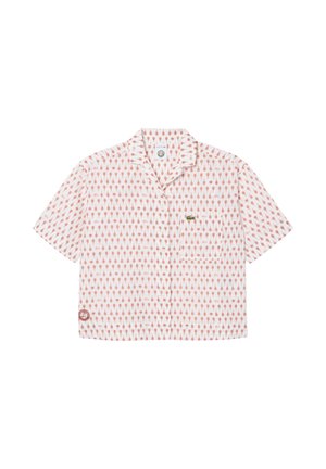 Camicia bianca a maniche corte con bottoni e motivo di coni di gelato rosa e piccolo logo di coccodrillo verde sul petto.