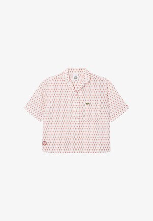 Camicia bianca a maniche corte con bottoni e motivo di coni di gelato rosa e piccolo logo di coccodrillo verde sul petto.