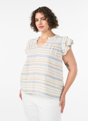 Zizzi, ÄRMELLOSE BLUSE MIT RÜSCHEN UND GEMUSTERTEN STREIFEN - Blúzka - vanille