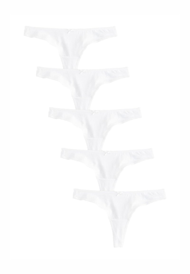 Set di cinque perizoma bianchi in cotone con design semplice, elastico in vita e piccolo fiocco decorativo sul davanti.