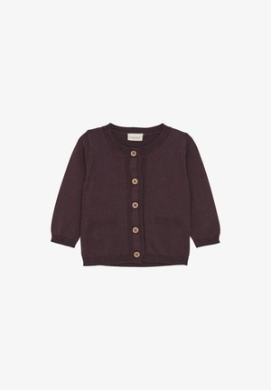 Donkerpaars gebreide cardigan met een ronde hals, lange mouwen, houten knopen aan de voorkant en twee voorzakken.