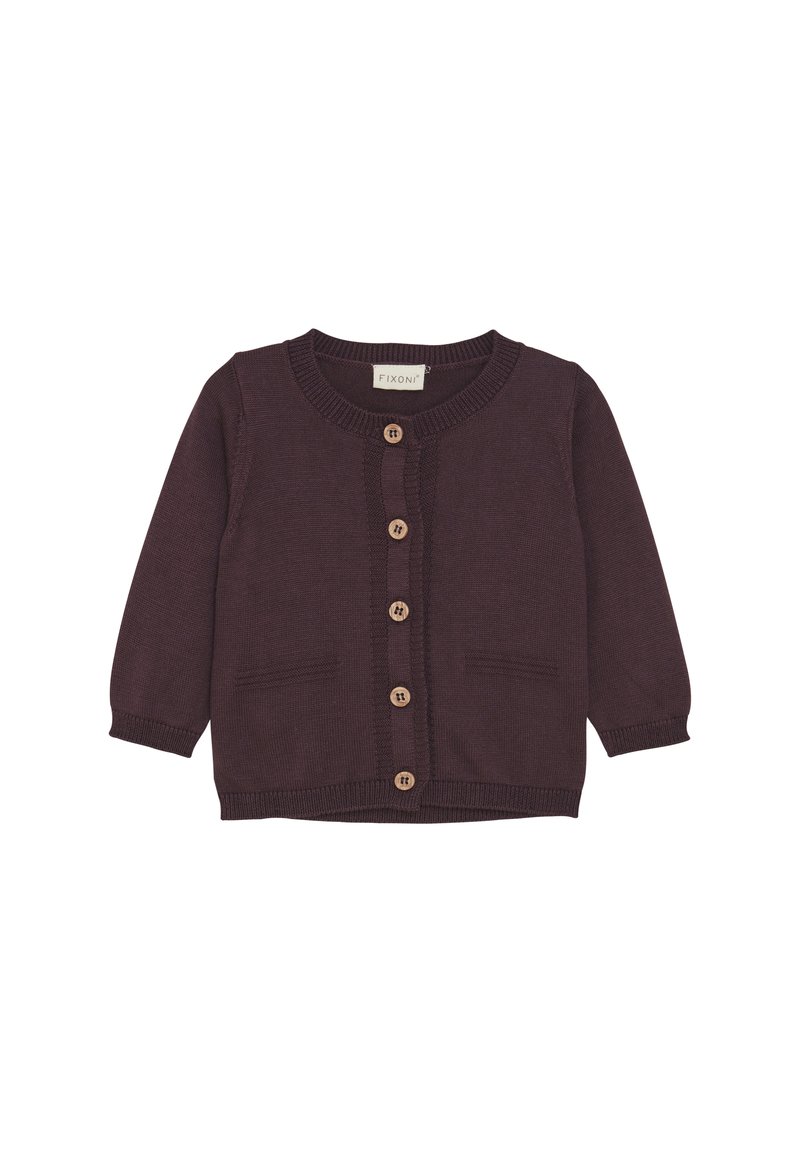 Dunkelviolettes Strickcardigan mit rundem Ausschnitt, langen Ärmeln, hölzernen Knöpfen auf der Vorderseite und zwei Fronttaschen.