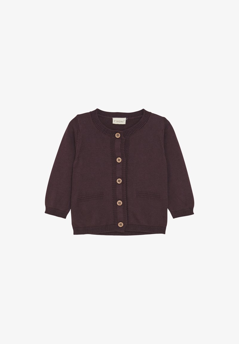 Dunkelviolettes Strickcardigan mit rundem Ausschnitt, langen Ärmeln, hölzernen Knöpfen auf der Vorderseite und zwei Fronttaschen.