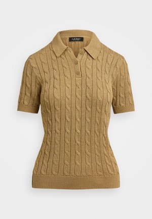 Short-sleeve cable-knit polo sweater in a golden hue, featuring a classic collar and three-button placket, with ribbed hem and cuffs.