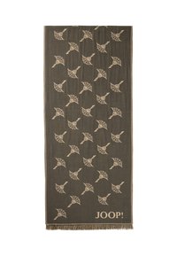 Écharpe en tissu marron foncé ornée d'un motif de feuilles beige répétées et de franges aux extrémités. Le logo JOOP! est affiché en bas.