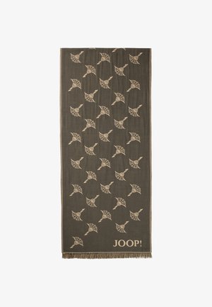 Dark brown fabric scarf featuring a repeated beige leaf pattern and fringe detailing at the ends. JOOP! logo is displayed at the bottom.
