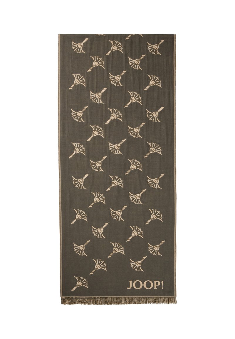 Écharpe en tissu marron foncé ornée d'un motif de feuilles beige répétées et de franges aux extrémités. Le logo JOOP! est affiché en bas.