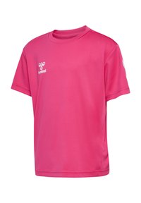Sportliches Kurzarmshirt in leuchtendem Pink, aus glattem Stoff gefertigt. Mit Rundhalsausschnitt und kleinem weißen Logo auf der linken Brust.