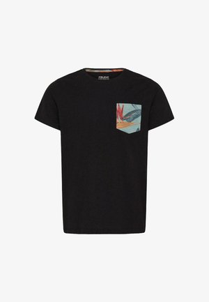 Black cotton T-shirt featuring a contrasting patterned pocket with tropical leaves in teal, red, and orange. Round neck, short sleeves.