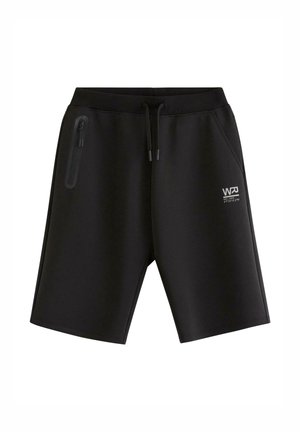 Sorte atletikshorts med snøre i taljen, lynlåslomme på venstre lår og lille hvidt logo på højre lår.