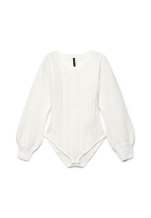 Body bianco a maniche lunghe in maglia con motivi a treccia, scollo rotondo, polsini arricciati e bottoni automatici all'incavo.