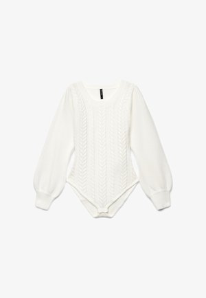 Body bianco a maniche lunghe in maglia con motivi a treccia, scollo rotondo, polsini arricciati e bottoni automatici all'incavo.