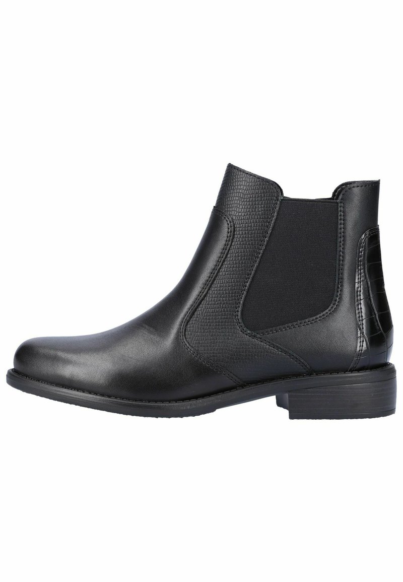 Schwarze Knöchelstiefel aus glattem Leder mit strukturierten Einsätzen, elastischen Seitenpaneelen und einem niedrigen, gestapelten Absatz. Merkmale ein dezentes eingeprägtes Muster.