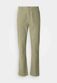 Light green cotton trousers with a straight leg design, featuring a front button closure and subtle texture. No visible patterns or accents.