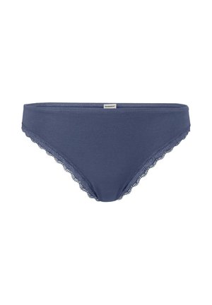 Slip da donna blu in stile bikini con pizzo lungo le aperture delle gambe e un piccolo etichetta del marchio al centro della vita.