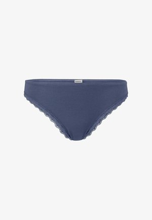 Blue women's bikini-style underwear with lace trim along the leg openings and a small brand label at the waistband center.