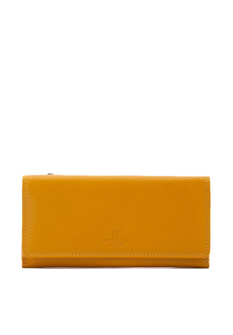 Yellow leather wallet with a smooth texture, contrasting stitching, and embossed logo. Rectangular shape with a zippered compartment.