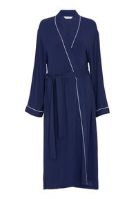 Roba blu navy realizzata in un tessuto morbido, con maniche lunghe, un cinturino in vita e piping bianco lungo il collo e le maniche.