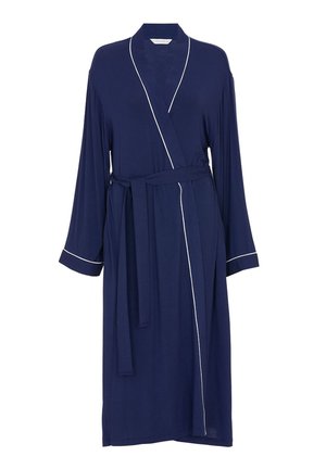 Roba blu navy realizzata in un tessuto morbido, con maniche lunghe, un cinturino in vita e piping bianco lungo il collo e le maniche.