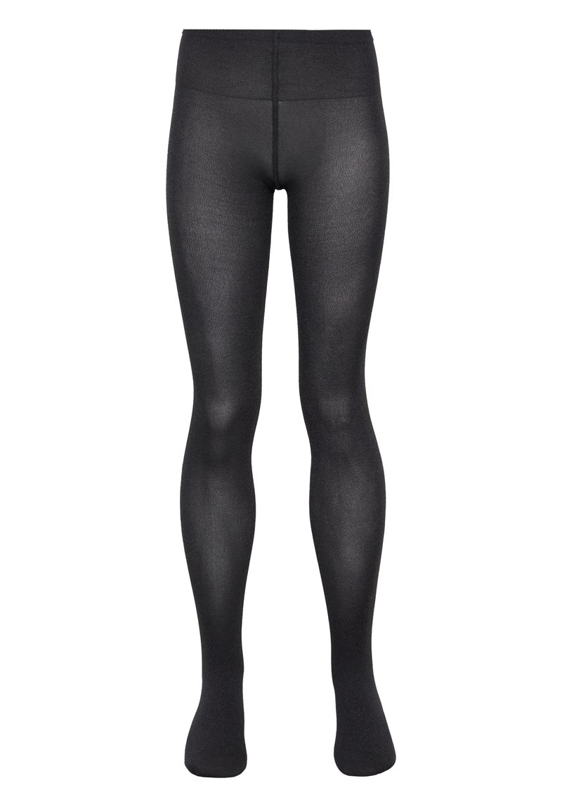 Collants opaques noirs avec une texture lisse et une large ceinture, présentant un design sans couture. Parfaits pour le superposition ou un port décontracté.