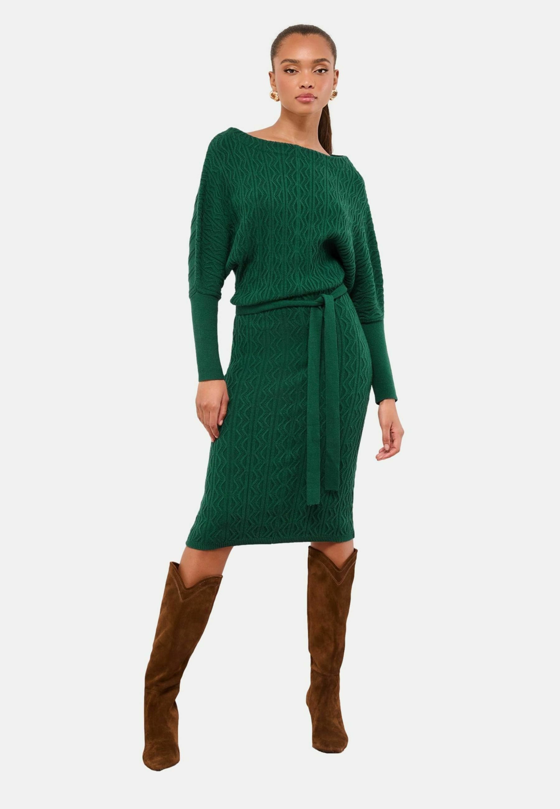 Lipsy REGULAR FIT - SLASH NECK BELTED CABLE MIDI - Jumper dress - dark  green/green - Zalando