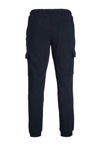 Pantalons joggers cargo bleu marine avec taille élastique, chevilles resserrées, poches latérales à rabat et une seule poche arrière à patch.
