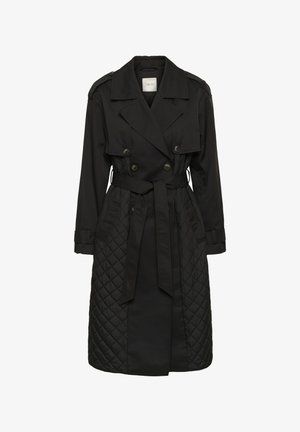 Black quilted trench coat with double-breasted buttons, belted waist, wide lapels, shoulder epaulets, and cuff straps.
