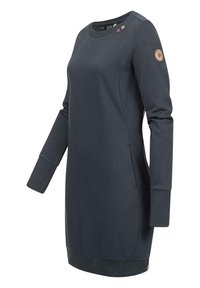 Mörkblå sweatshirtklänning med långa ärmar, ribbade ärmslut, sidsömmar och justerbara knappar vid halsringningen. Slät tygtextur.