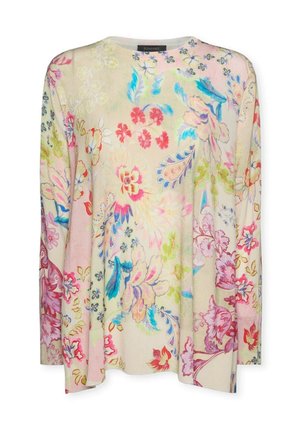 Long-sleeve beige top with multicolor floral print in pink, blue, green, and red tones, round neckline, and soft fabric texture.