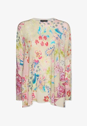 Top beige de manga larga con estampado floral multicolor en tonos rosa, azul, verde y rojo, cuello redondo y textura de tela suave.