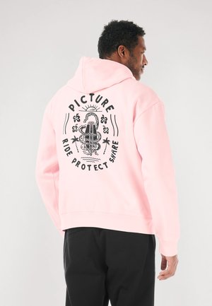 Hellrosa Kapuzenpullover mit einem großen schwarzen Grafikmotiv auf der Rückseite, das "Picture" und tropische Motive zeigt. Das Material wirkt weich und strukturiert.