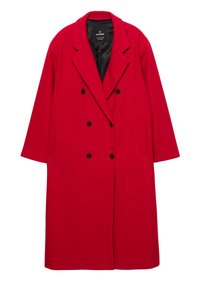 Červený vlnený dvojradový kabát s výrezovým golierom, čiernymi gombíkmi a dvoma bočnými vreckami. Má hladkú vnútornú podšívku.