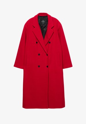Czerwony wełniany płaszcz dwurzędowy z wyciętym kołnierzem, czarnymi guzikami i dwoma bocznymi kieszeniami. Posiada gładką podszewkę wewnętrzną.