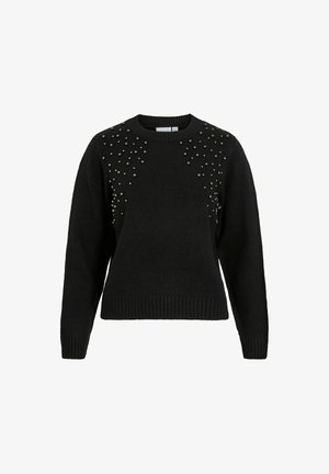 Must mustaheline, pikkade varrukatega sviiter ümmarguse kaelusega, millel on klastritesse paigutatud väiksed metallist nupud ülemises esiosas ja õlgadel.