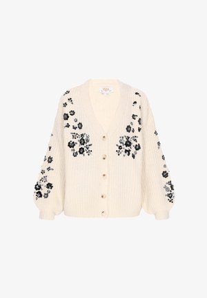 Cardigan crema con scollo a V, maniche oversize e decorazioni floreali in paillettes nere, argento e grigie. Cinque bottoni sul davanti.