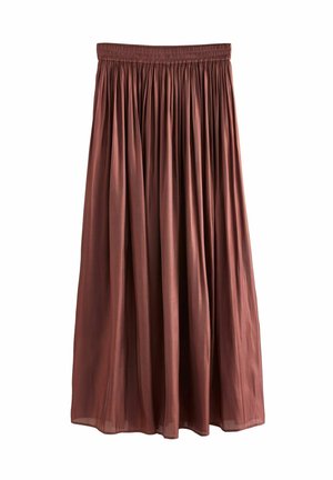 Brown, knee-length skirt made of lightweight fabric with a textured finish. Features an elastic waistband and gathered pleats throughout.