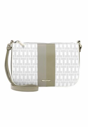 Sac bandoulière rectangulaire blanc et beige avec texture à motif, rayures verticales centrales, fermeture éclair et bandoulière réglable.