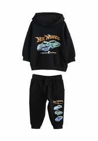 Black hoodie and pants set with colorful Hot Wheels car graphics and "El Segundo California" text on both pieces.