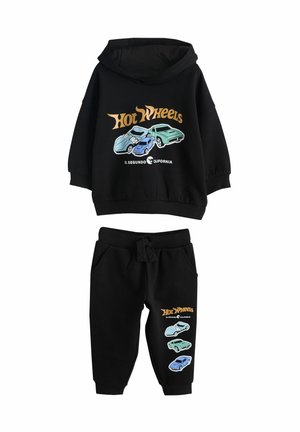 Black hoodie and pants set with colorful Hot Wheels car graphics and "El Segundo California" text on both pieces.