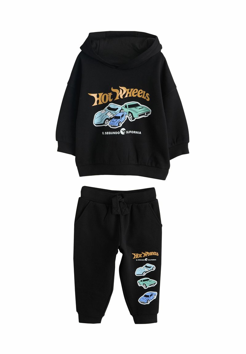 Black hoodie and pants set with colorful Hot Wheels car graphics and "El Segundo California" text on both pieces.