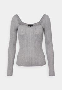 Haut gris à manches longues côtelées avec un col carré, fabriqué dans un tissu texturé, présentant un léger éclat et une coupe ajustée qui épouse la silhouette.