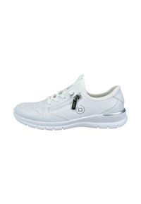 Weiße Sport sneaker mit glattem Leder und Mesh-Obermaterial, runder Zehenpartie, Schnürdesign und silbernen Akzenten an der Ferse und am Reißverschluss.