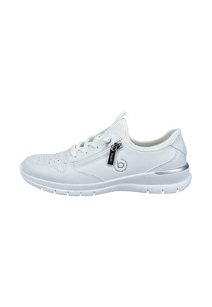 Weiße Sport sneaker mit glattem Leder und Mesh-Obermaterial, runder Zehenpartie, Schnürdesign und silbernen Akzenten an der Ferse und am Reißverschluss.